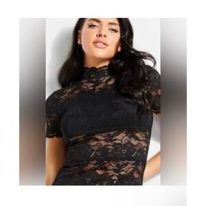 GUESS Womens Short Sleeve Lace Shannon Mock Neck Top (BLUE)